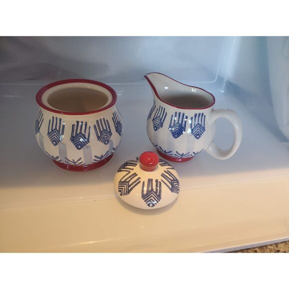 Signature Housewares Stoneware Creamer and Sugar Set Red Blue and White - Picture 4 of 5